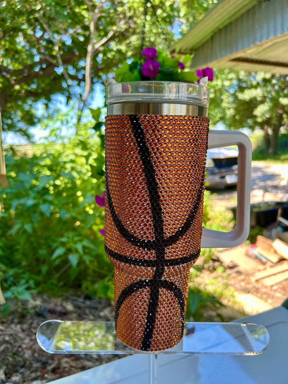 40 oz Rhinestone Basketball Tumbler Mug - Orange and Black